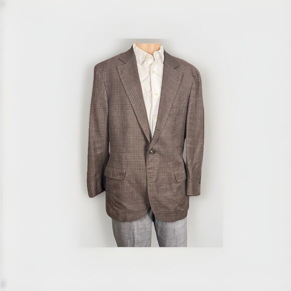 Brunello Cucinelli Linen Silk Blend Sportcoat Plaid Brown Unstructured 52/42R
